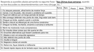 Nunca Raro Pouco Muito Sempre
1. Fiz ataques pessoais, afinal tenho de mostrar força
2. Cansei, é só dicussão, não encarei o problema em questão.
3. Fiquei em silêncio por um longo período de tempo.
4. Não consegui defender meu ponto de vista, fingi estar tudo bem.
5. Cheguei ao limite, explodi e perdi o controle.
6. Sentei e discuti as diferenças de uma forma construtiva
7. Cheguei no limite, me fechei, encerrei a conversa e emburrei
8. Menti me mostrando muito compreensivo.
9. Por impulso disse coisas que não queria ter dito.
10. Encontrei alternativas que fossem aceitáveis para nós
11. Afastei-o com um empurrão agressivo
12. Não defendi meu ponto de vista
13. Insultei e briguei
14. Negociei e tentei um acordo
15. Retraí-me, fiquei distante e indiferente
16. Desisti rápido depois de ter tentado expor meu ponto de vista
Responda as questões abaixo pensando na seguinte frase: “Nas últimas duas semanas, quando
eu tive discussões ou desentendimentos com meu cônjuge, eu...”
 