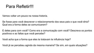 Para Refletir!!!
Vamos voltar um pouco na nossa historia.
Se fosse para você descrever o relacionamento dos seus pais o que você diria?
Qual era a forma deles se comunicarem?
E deles para com você? Como era a comunicação com você? Descreva os pontos
positivos e as faltas que você percebe?
Você acha que a forma que eles te tratavam te influência hoje?
Você já se percebeu agindo da mesma maneira? Se sim, em quais situações?
 