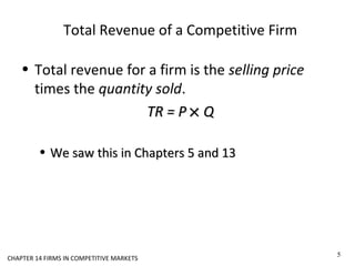 Total Revenue of a Competitive Firm
• Total revenue for a firm is the selling price
times the quantity sold.
TR = PTR = P ×× QQ
• We saw this in Chapters 5 and 13We saw this in Chapters 5 and 13
5
CHAPTER 14 FIRMS IN COMPETITIVE MARKETS
 