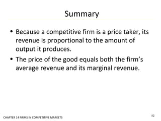 Summary
• Because a competitive firm is a price taker, its
revenue is proportional to the amount of
output it produces.
• The price of the good equals both the firm’s
average revenue and its marginal revenue.
52
CHAPTER 14 FIRMS IN COMPETITIVE MARKETS
 