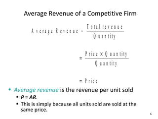 Average Revenue of a Competitive Firm
• Average revenue is the revenue per unit sold
• P = AR.
• This is simply because all units sold are sold at the
same price.
A v e r a g e R e v e n u e =
T o t a l r e v e n u e
Q u a n t i t y
P r i c e Q u a n t i t y
Q u a n t i t y
P r i c e
=
×
=
6
 