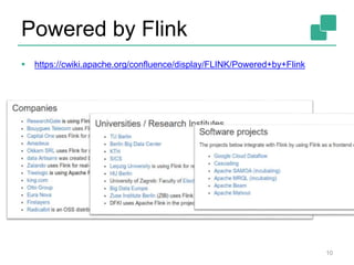 Powered by Flink
 https://cwiki.apache.org/confluence/display/FLINK/Powered+by+Flink
10
 