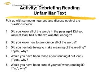 © Paraeducator Training Resources, Inc. 2009

               Activity: Debriefing Reading
                      Unfamiliar Text
Pair up with someone near you and discuss each of the
    questions below:

1. Did you know all of the words in the passage? Did you
   know at least half of them? Was that enough?

2. Did you know how to pronounce all of the words?
3. Did you hesitate trying to make meaning of the reading?
   If ‘yes’, why?
4. Would you have been tense about reading it out loud?
   If ‘yes’, why?
5. Would you have been sure of yourself when reading it?
   If ‘no’, why?
 