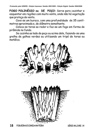 18 SÉRIEARLIVRE-14FOGUEIRASECOMIDAMATEIRA
Produzido pela UEB/RS - Edição Impressa: Gestão 2001/2003 - Edição Digital: Gestão 2004/2006
FOGO POLINÉSIO ou DE POÇO: Serve para cozinhar e
esquentar em regiões com muito vento, onde não há vegetação
que proteja do vento.
Cava-se um buraco, com uma profundidade de 35 centí-
metros aproximada e, de diâmetro semelhante.
Coloca-se toras ao redor e faz-se um fogo em forma de
pirâmide no fundo.
Se cozinha ao lado do poço ou acima dele, fazendo-se uma
grelha de galhos verdes ou utilizando um tripé de toras ou
metálico.
 