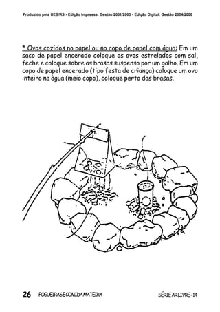 26 SÉRIEARLIVRE-14FOGUEIRASECOMIDAMATEIRA
Produzido pela UEB/RS - Edição Impressa: Gestão 2001/2003 - Edição Digital: Gestão 2004/2006
* Ovos cozidos no papel ou no copo de papel com água: Em um
saco de papel encerado coloque os ovos estrelados com sal,
feche e coloque sobre as brasas suspenso por um galho. Em um
copo de papel encerado (tipo festa de criança) coloque um ovo
inteiro na àgua (meio copo), coloque perto das brasas.
 