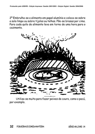 32 SÉRIEARLIVRE-14FOGUEIRASECOMIDAMATEIRA
Produzido pela UEB/RS - Edição Impressa: Gestão 2001/2003 - Edição Digital: Gestão 2004/2006
2º Embrulha-se o alimento em papel alumínio e coloca-se sobre
o solo limpo ou sobre tijolos ou telhas. Põe-se brasas por cima.
Para cada quilo de alimento leva em torno de uma hora para o
cozimento.
Utiliza-se muito para fazer peixes de couro, como o pacú,
por exemplo.
 