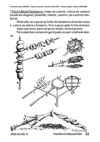 33SÉRIEARLIVRE-14 FOGUEIRASECOMIDAMATEIRA
Produzido pela UEB/RS - Edição Impressa: Gestão 2001/2003 - Edição Digital: Gestão 2004/2006
* Pacú à Moda Pantaneira: Limpa-se o peixe, coloca-se cenoura
picada em diagonal, pimentão, tomate, coentro, sal e outros tem-
peros.
Embrulha-se o peixe na folha de bananeira diversas vezes
e, coloca-se sobre o braseiro. Vire o peixe após trinta minutos.
Após uma hora, para um peixe médio, estará pronto.
Para assarmos carnes em geral pode-se usar o método abai-
xo.
 