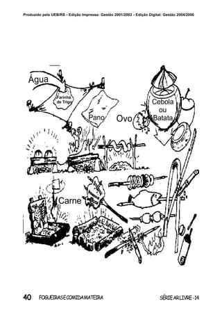 40 SÉRIEARLIVRE-14FOGUEIRASECOMIDAMATEIRA
Produzido pela UEB/RS - Edição Impressa: Gestão 2001/2003 - Edição Digital: Gestão 2004/2006
Água
Farinha
de Trigo
Pano Ovo
Cebola
ou
Batata
Carne
 