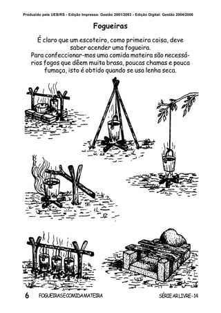 6 SÉRIEARLIVRE-14FOGUEIRASECOMIDAMATEIRA
Produzido pela UEB/RS - Edição Impressa: Gestão 2001/2003 - Edição Digital: Gestão 2004/2006
É claro que um escoteiro, como primeira coisa, deve
saber acender uma fogueira.
Para confeccionar-mos uma comida mateira são necessá-
rios fogos que dêem muita brasa, poucas chamas e pouca
fumaça, isto é obtido quando se usa lenha seca.
Fogueiras
 