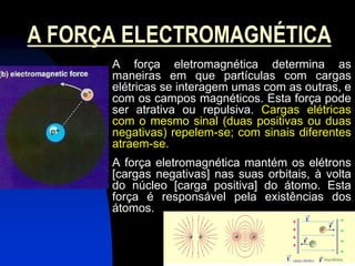 A FORÇA ELECTROMAGNÉTICA
      A força eletromagnética determina as
      maneiras em que partículas com cargas
      elétricas se interagem umas com as outras, e
      com os campos magnéticos. Esta força pode
      ser atrativa ou repulsiva. Cargas elétricas
      com o mesmo sinal (duas positivas ou duas
      negativas) repelem-se; com sinais diferentes
      atraem-se.
      A força eletromagnética mantém os elétrons
      [cargas negativas] nas suas orbitais, à volta
      do núcleo [carga positiva] do átomo. Esta
      força é responsável pela existências dos
      átomos.
 