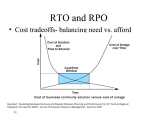RTO and RPO
• Cost tradeoffs- balancing need vs. afford
11
Cost of business continuity solution versus cost of outage
Guendert: Revisiting Business Continuity and Disaster Recovery Planning and Performance For 21st
Century Regional
Disasters: The case for GDPS. Journal of Computer Resource Management. Summer 2007
 
