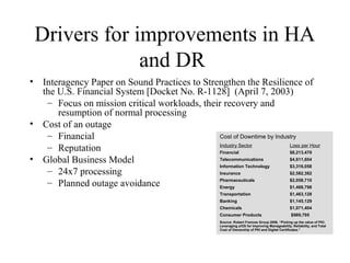 18
IBM Confidential May 12th
2011
Drivers for improvements in HA
and DR
• Interagency Paper on Sound Practices to Strengthen the Resilience of
the U.S. Financial System [Docket No. R-1128] (April 7, 2003)
– Focus on mission critical workloads, their recovery and
resumption of normal processing
• Cost of an outage
– Financial
– Reputation
• Global Business Model
– 24x7 processing
– Planned outage avoidance
Cost of Downtime by Industry
Industry Sector Loss per Hour
Financial $8,213,470
Telecommunications $4,611,604
Information Technology $3,316,058
Insurance $2,582,382
Pharmaceuticals $2,058,710
Energy $1,468,798
Transportation $1,463,128
Banking $1,145,129
Chemicals $1,071,404
Consumer Products $989,795
Source: Robert Frances Group 2006, “Picking up the value of PKI:
Leveraging z/OS for Improving Manageability, Reliability, and Total
Cost of Ownership of PKI and Digital Certificates.”
 