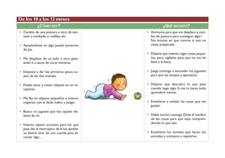✶ Cambio de una postura a otra: de sen-tado 
a tumbado, a rodillas, etc. 
✶ Apoyándome en algo puedo ponerme 
de pie. 
✶ Me desplazo de un lado a otro gate-ando 
o a veces de otras maneras. 
✶ Empiezo a dar los primeros pasos su-jeto 
de las dos manitas. 
✶ Puedo sacar y meter objetos en un re-cipiente. 
✶ Me fijo en objetos pequeños e intento 
cogerlos con el dedo índice y pulgar. 
✶ Busco un juguete que has tapado de-lante 
de mí. 
✶ Intento repetir acciones para ver qué 
pasa: dar al interruptor de la luz, apretar 
un botón, tirar de una cuerda para al-canzar 
algo… 
✶ Anímame para que me desplace y cam-bie 
de postura para conseguir algo.• 
No insistas en que camine si aún no 
estoy preparado. 
✶ Déjame que intente coger cosas peque-ñas 
pero vigílame para que no me las 
lleve a la boca. 
✶ Juega conmigo a esconder los juguetes 
para que los busque y aparezcan. 
✶ Déjame que descubra lo que pasa 
cuando hago algo. Si me lo haces todo 
aprenderé menos. 
✶ Enséñame a señalar las cosas que me 
gustan. 
✶ Habla mucho conmigo. Dime el nombre 
de las cosas para que vaya compren-diendo 
lo que son. 
✶ Enséñame los sonidos que hacen los 
animales y anímame a repetirlos. 
De los 10 a los 12 meses 
¿CÓMO SOY? ¿QUÉ NECESITO? 
 