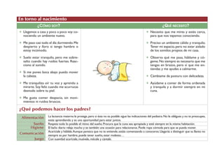 En torno al nacimiento 
¿CÓMO SOY? ¿QUÉ NECESITO? 
✶ Llegamos a casa y poco a poco voy co-nociendo 
un ambiente nuevo. 
✶ Me paso casi todo el día durmiendo. Me 
despierto y lloro si tengo hambre o 
estoy incómodo. 
✶ Suelo estar tranquilo, pero me sobre-salto 
cuando hay ruidos fuertes. Reac-ciono 
al sonido. 
✶ Si me pones boca abajo puedo mover 
la cabeza. 
✶ Me tranquiliza oír tu voz y aprendo a 
mirarte. Soy feliz cuando me acurrucas 
desnudo sobre tu piel. 
✶ Me gusta comer despacio, sin movi-mientos 
ni ruidos bruscos. 
¿Qué podemos hacer los padres? 
✶ Necesito que me mires y estés cerca, 
para que nos vayamos conociendo. 
✶ Preciso un ambiente cálido y tranquilo. 
Tener mi espacio, pero no estar aislado 
de los sonidos propios de mi casa. 
✶ Observa qué me pasa, háblame y có-geme. 
No siempre es necesario que me 
tengas en brazos, pero sí que me en-tiendas 
y me ayudes a calmarme. 
✶ Cámbiame de postura con delicadeza. 
✶ Ayúdame a comer de forma ordenada 
y tranquila y a dormir siempre en mi 
cuna. 
La lactancia materna le protege, pero si ésta no es posible sigue las indicaciones del pediatra. No le obligues y no te preocupes, 
estás aprendiendo y es una oportunidad para estar juntos. 
Respeta todo lo posible el ritmo del sueño. Procura que la cuna sea apropiada y esté siempre en la misma habitación. 
El baño diario relaja mucho y es también una ocasión para relacionaros. Ponle ropa cómoda para que se pueda mover. 
Acaríciale y háblale. Aunque parezca que no te entiende, estáis comenzando a conoceros. Llegarás a distinguir que su llanto no 
siempre es por hambre, puede tener sueño, estar molesto… 
Con suavidad acaríciale, muévele, mécele y cántale. 
Alimentación 
Sueño 
Higiene 
Comunicación 
Juego 
 