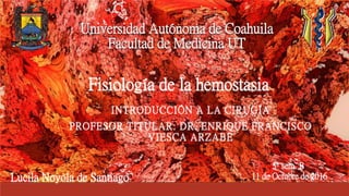 INTRODUCCIÓN A LA CIRUGÍA
PROFESOR TITULAR: DR. ENRIQUE FRANCISCO
VIESCA ARZABE
Fisiología de la hemostasia
Lucila Noyola de Santiago
5º sem. B
11 de Octubre de 2016
 