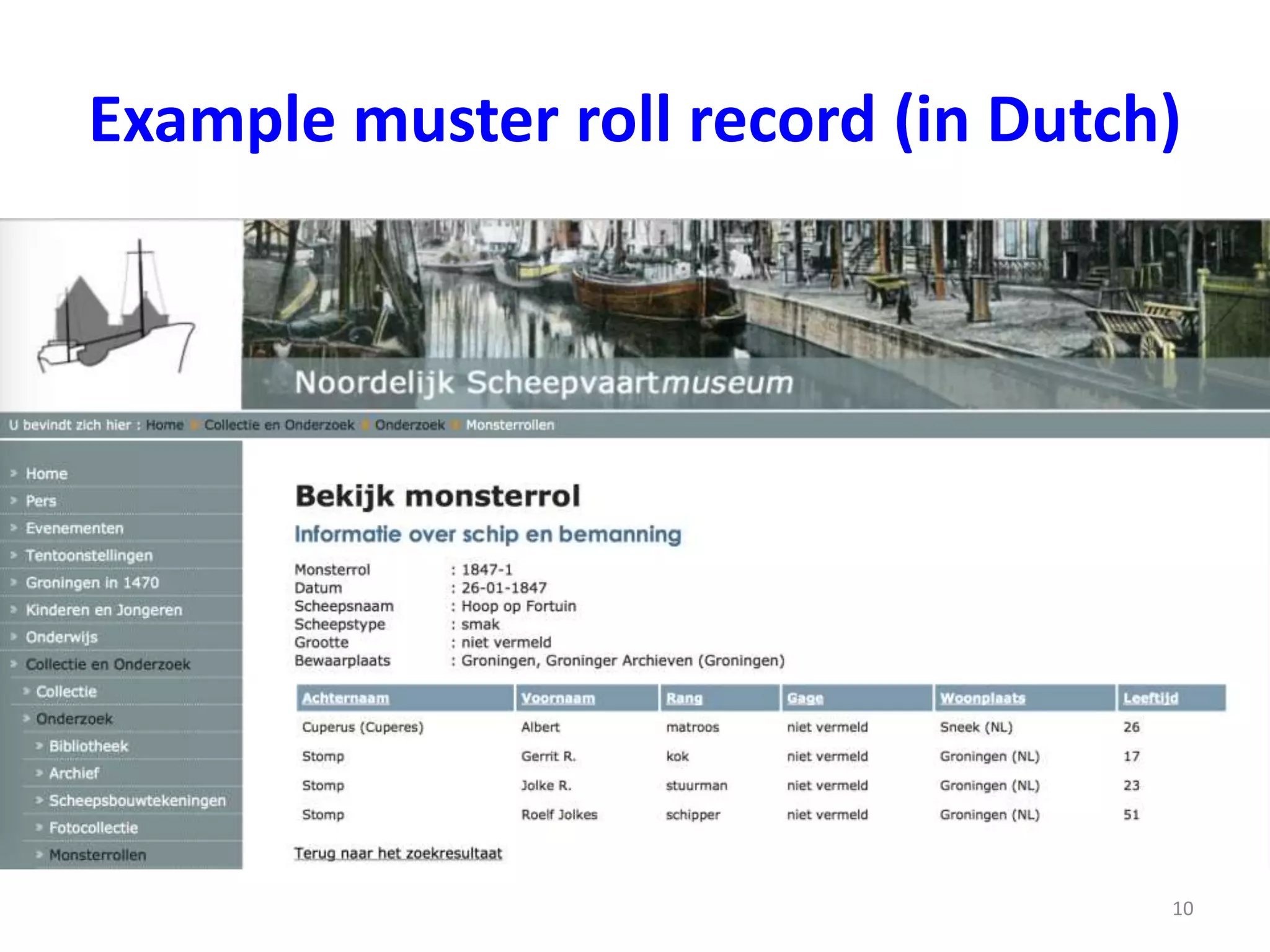 Example muster roll record (in Dutch) 
10 
 