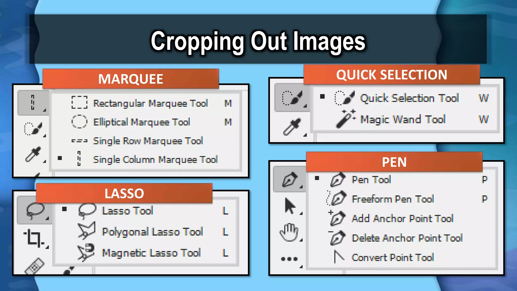 Cropping Out Images
MARQUEE QUICK SELECTION
LASSO
PEN
 