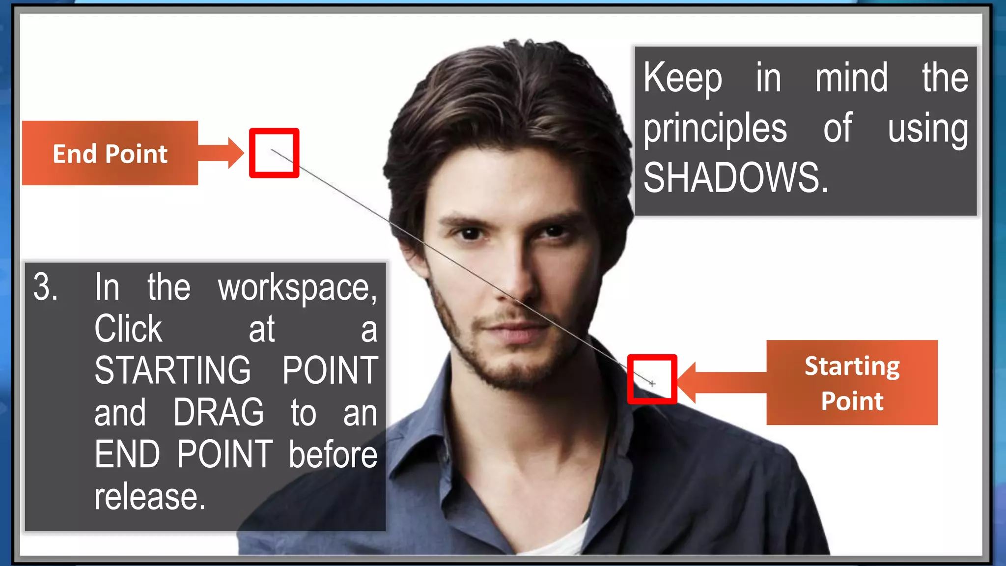 Starting
Point
End Point
3. In the workspace,
Click at a
STARTING POINT
and DRAG to an
END POINT before
release.
Keep in mind the
principles of using
SHADOWS.
 