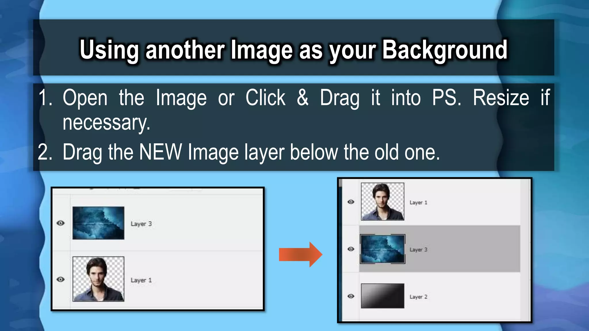 Using another Image as your Background
1. Open the Image or Click & Drag it into PS. Resize if
necessary.
2. Drag the NEW Image layer below the old one.
 