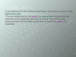 is the distance from the center to each focus. Each focus is found on the
transverse axis.
The two dotted lines on the graph are asymptotes because the two
branches of the hyperbola approach but never reach these lines.
Sketching them first provides a good way to sketch the graph of a
hyperbola.
 