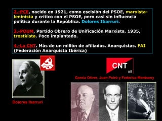 2.-PCE , nacido en 1921, como escisión del PSOE,  marxista-leninista  y crítico con el PSOE, pero casi sin influencia política durante la República.  Dolores Ibarruri. 3.-POUM , Partido Obrero de Unificación Marxista. 1935,  trostkista . Poco implantado. 4.-La CNT . Más de un millón de afiliados. Anarquistas.  FAI  (Federación Anarquista Ibérica) Dolores Ibarruri García Oliver, Juan Peiró y Federica Montseny 