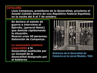 CATALUÑA Lluis Companys, presidente de la Generalitat, proclama el  Estado Catalán  dentro de una  República Federal Española , en la noche del 6 al 7 de octubre.  Se declara el estado de guerra e interviene el Ejército, (general Batet) que domina rápidamente la situación.  Mueren unas 40 personas. Detención de Companys.  La autonomía catalana suspendida  y la Generalitat sustituida por un  Consell de la Generalitat  designado por el Gobierno Gobierno de la Generalitat de Cataluña en la cárcel Modelo. 1934  