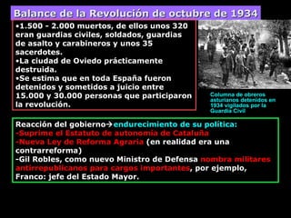 Balance de la Revolución de octubre de 1934 1.500 - 2.000 muertos, de ellos unos 320 eran guardias civiles, soldados, guardias de asalto y carabineros y unos 35 sacerdotes.  La ciudad de Oviedo prácticamente destruida.  Se estima que en toda España fueron detenidos y sometidos a juicio entre 15.000 y 30.000 personas que participaron la revolución.  Reacción del gobierno  endurecimiento de su política: -Suprime el Estatuto de autonomía de Cataluña -Nueva Ley de Reforma Agraria  (en realidad era una contrarreforma) -Gil Robles, como nuevo Ministro de Defensa  nombra militares antirrepublicanos para cargos importantes , por ejemplo, Franco: jefe del Estado Mayor. Columna de obreros asturianos detenidos en 1934 vigilados por la Guardia Civil 