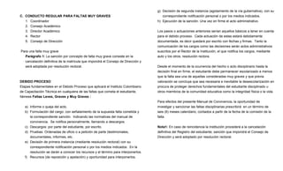 g) Decisión de segunda instancia (agotamiento de la vía gubernativa), con su
C. CONDUCTO REGULAR PARA FALTAS MUY GRAVES                                             correspondiente notificación personal o por los medios indicados.
   1. Coordinador                                                                   h) Ejecución de la sanción. Una vez en firme el acto administrativo.
   2. Consejo Académico
   3. Director Académico                                                            Los pasos o actuaciones anteriores serían aquellos básicos a tener en cuenta
   4. Rector                                                                        para el debido proceso. Cada actuación de estas estará debidamente
   5. Consejo de Dirección                                                          documentada, es decir quedará por escrito con fechas y firmas. Tanto la
                                                                                    comunicación de los cargos como las decisiones serán actos administrativos
Para una falta muy grave                                                            suscritos por el Rector de la Institución, el que notifica los cargos, mediante
  Parágrafo 1: La sanción por concepto de falta muy grave consiste en la            auto y los otros, resolución rectora.
  cancelación definitiva de la matrícula que impondrá el Consejo de Dirección y
  será adoptada por resolución rectoral.                                            Desde el momento de la ocurrencia del hecho o acto disciplinario hasta la
                                                                                    decisión final en firme, el estudiante debe permanecer escolarizado a menos
                                                                                    que la falta sea una de aquellas consideradas muy graves y que previa
DEBIDO PROCESO                                                                      valoración se concluya que sea necesaria e inevitable la desescolarización en
Etapas fundamentales en el Debido Proceso que aplicará el Instituto Colombiano      procura de proteger derechos fundamentales del estudiante disciplinado u
de Capacitación Técnica en cualquiera de las faltas que cometa el estudiante,       otros miembros de la comunidad educativa como la integridad física o la vida.
llámese Faltas Leves, Graves y Muy Graves :
                                                                                    Para efectos del presente Manual de Convivencia, la oportunidad de
   a) Informe o queja del acto.                                                     investigar y sancionar las faltas disciplinarias prescribirá en un término de
   b) Formulación del cargo: con señalamiento de la supuesta falta cometida y       seis (6) meses calendario, contados a partir de la fecha de la comisión de la
      la correspondiente sanción. Indicando las normativas del manual de            falta.
      convivencia. Se notifica personalmente, llamando a descargos.
   c) Descargos: por parte del estudiante, por escrito.                             Nota1: En caso de reincidencia la Institución procederá a la cancelación
   d) Pruebas: Ordenadas de oficio o a petición de parte (testimoniales,            definitiva del Registro del estudiante; sanción que impondrá el Consejo de
      documentales, informes, etc.                                                  Dirección y será adoptado por resolución rectoral.
   e) Decisión de primera instancia (mediante resolución rectoral) con su
      correspondiente notificación personal o por los medios indicados. En la
      resolución se darán a conocer los recursos y el término para interponerlos.
   f) Recursos (de reposición y apelación) y oportunidad para interponerlos.
 