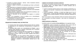 • Formalizar el convenio Docencia – Servicio entre el escenario docencia            CAMBIOS DE ESCENARIO DOCENCIA SERVICIO
  servicio y la Institución educativa.
                                                                                    Los cambios de escenarios docencia servicio serán autorizados únicamente en
• Coordinar y realizar la inducción a los estudiantes que inician su formación
                                                                                    los siguientes casos y los deberá tramitar el docente evaluador ante la
  práctica.
                                                                                    Coordinación de Prácticas:
• Hacer seguimiento al cronograma de práctica en coordinación con el docente
  evaluador y el tutor designado por el escenario docencia servicio.                 • Cuando el escenario docencia servicio no tiene ubicado al practicante en su
• Hacer seguimiento al proceso de evaluación y promoción de los estudiantes             oficio y no se le permite el desarrollo de las competencias de su perfil de
  durante el desarrollo de la práctica.                                                 formación.
• Diligenciar formatos y registros propios del procedimiento de prácticas y que      • Cuando se presenten problemas de salud que tengan que ver con el
  está directamente relacionados con el estudiante.                                     espacio laboral. En éste caso debe presentarse el soporte médico y solicitar
• Recoger la información de los estudiantes que ingresan a la práctica                  el cambio ante el docente evaluador, por escrito, exponiendo claramente los
  formativa.                                                                            motivos.
• Asignar a los estudiantes el sitio de práctica con la documentación
                                                                                    Nota: No se autoriza a ningún estudiante cambiar de escenario docencia servicio
  correspondiente para que inicie la práctica.
• La Coordinación de Prácticas asignará a los estudiantes de acuerdo a la           sin la autorización del docente evaluador y visto bueno de Coordinación de
  consecución de los cupos de práctica.                                             Prácticas.

                                                                                    CANCELACIÓN DE LA PRÁCTICA
REQUISITOS DE INGRESO PARA LAS PRÁCTICAS
                                                                                    La práctica puede ser cancelada en forma definitiva por los siguientes motivos:
  1. El estudiante debe haber aprobado satisfactoriamente todas las unidades         • Inasistencia: cuando el practicante, sin justificación, falta 3 veces al sitio de
     de aprendizaje de las competencias correspondientes al programa de                práctica o por inasistencia del 25% del total de horas de práctica.
     formación.                                                                      • Faltas Graves: cuando el estudiante practicante comete una falta grave que
  2. El estudiante debe cumplir con el procedimiento de Registro que la                esté considerada como tal en el reglamento de la empresa, que afecte el
     institución tenga estipulado, es requisito indispensable que el estudiante        buen nombre o el funcionamiento normal de la misma, como también el buen
     este registrado para solicitar la práctica.                                       nombre de la institución Educativa. Se consideran faltas graves entre otras:
  3. El estudiante que inicia prácticas debe tener actualizado, a un periodo no      • Cuando el estudiante practicante haga uso incorrecto de los equipos
     superior a 5 años, el esquema de vacunación. Son de obligatorio                   asignados únicamente para su formación laboral.
     cumplimiento la vacuna: Triple viral (una dosis), Hepatitis B (tres dosis) y    • Cuando el estudiante practicante acceda sin autorización a información de la
     Tétano (tres dosis).                                                              empresa o falte a la confidencialidad de la misma.
            El practicante que inicia prácticas deberá diligenciar de manera        • Cuando después de una suspensión el estudiante practicante comete la
             oportuna todos los formatos que la coordinación de prácticas              misma falta que dio motivo a que fuera suspendido.
             designe para la alimentar la base de datos de practicantes de cada
                                                                                     • Por hurto comprobado en el escenario docencia servicio.
             programa y presentar la documentación adicional que le sea
             solicitada.                                                             • Por retirar algún tipo de instrumental, equipo o documentación sin
                                                                                       autorización del sitio de práctica.
 