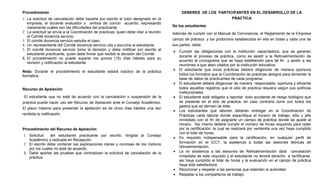 Procedimiento                                                                              DEBERES DE LOS PARTICIPANTES EN EL DESARROLLO DE LA
1. La solicitud de cancelación debe hacerla por escrito el tutor designado en la                                PRÁCTICA
   empresa, el docente evaluador o ambos de común acuerdo, expresando
   claramente cuáles son las dificultades del practicante.                            De los estudiantes:
2. La solicitud se envía a la Coordinación de prácticas, quien debe citar a reunión   Además de cumplir con el Manual de Convivencia, el Reglamento de la Empresa
   al Comité docencia servicio.
3. El comité docencia servicio estudia el caso.                                       campo de práctica y los protocolos establecidos en ella en todas y cada una de
4. Un representante del Comité docencia servicio cita y escucha al estudiante.        sus partes, debe:
5. El comité docencia servicio toma la decisión y debe notificar por escrito al
                                                                                      •   Cumplir las obligaciones con la institución capacitadora, que se generen
   estudiante practicante, quien debe firmar que recibió la decisión del Comité.
                                                                                          durante el proceso de práctica, como es asistir a la Retroalimentación de
6. El procedimiento no puede superar los quince (15) días hábiles para su
                                                                                          acuerdo al cronograma que se haya establecido para tal fin y asistir a las
   revisión y notificación al estudiante
                                                                                          reuniones a que sean citados por la institución educativa.
Nota: Durante el procedimiento el estudiante estará inactivo de la práctica           •   El estudiante que inicia prácticas deberá diligenciar de manera oportuna
formativa.                                                                                todos los formatos que la Coordinación de prácticas designe para alimentar la
                                                                                          base de datos de practicantes de cada programa.
                                                                                      •   El estudiante deberá diligenciar de manera responsable, oportuna y eficiente
Recurso de Apelación                                                                      todos aquellos registros que el sitio de práctica requiera según sus políticas
                                                                                          institucionales.
 El estudiante que no esté de acuerdo con la cancelación o suspensión de la           •   El estudiante está obligado a reportar todo accidente de riesgo biológico que
práctica puede hacer uso del Recurso de Apelación ante el Consejo Académico.              se presente en el sitio de práctica, en caso contrario corre con todos los
                                                                                          gastos que se deriven de éste.
El plazo máximo para presentar la apelación es de cinco días hábiles una vez
                                                                                      •   Los estudiantes que laboren deberán entregar en la Coordinación de
recibida la notificación.                                                                 Prácticas carta laboral donde especifique el horario de trabajo, sitio y jefe
                                                                                          inmediato con el fin de asignarle un campo de práctica donde se ajuste al
                                                                                          horario. Así mismo deberá cumplir el número de horas requerido para optar
Procedimiento del Recurso de Apelación                                                    por la certificación; la cual se realizará por ventanilla una vez haya cumplido
                                                                                          con el total de horas.
1. Solicitud    del estudiante practicante por escrito, dirigida al Consejo
                                                                                      •   Es requisito indispensable para la certificación, en cualquier perfil de
   Académico y radicada en Recepción.
                                                                                          formación en el ICCT, la asistencia a todas las sesiones teóricas de
2. El escrito debe contener las explicaciones claras y concisas de los motivos
                                                                                          retroalimentación.
   por los cuales no está de acuerdo.
3. Debe aportar las pruebas que contradicen la solicitud de cancelación de la         •   La no asistencia a las sesiones de Retroalimentación dará cancelación
   práctica.                                                                              inmediata de este requisito y el estudiante no tendrá derecho a certificarse,
                                                                                          así haya cumplido el total de horas y la evaluación en el campo de práctica
                                                                                          haya sido satisfactoria.
                                                                                      •   Reconocer y respetar a las personas que ostentan la autoridad.
                                                                                      •   Respetar a los compañeros de trabajo.
 
