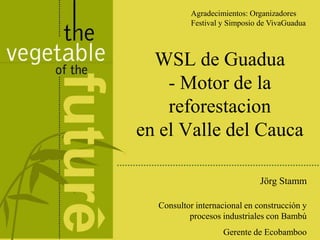 Agradecimientos: Organizadores
          Festival y Simposio de VivaGuadua



  WSL de Guadua
    - Motor de la
    reforestacion
en el Valle del Cauca

                              Jörg Stamm

  Consultor internacional en construcción y
          procesos industriales con Bambú
                   Gerente de Ecobamboo
 