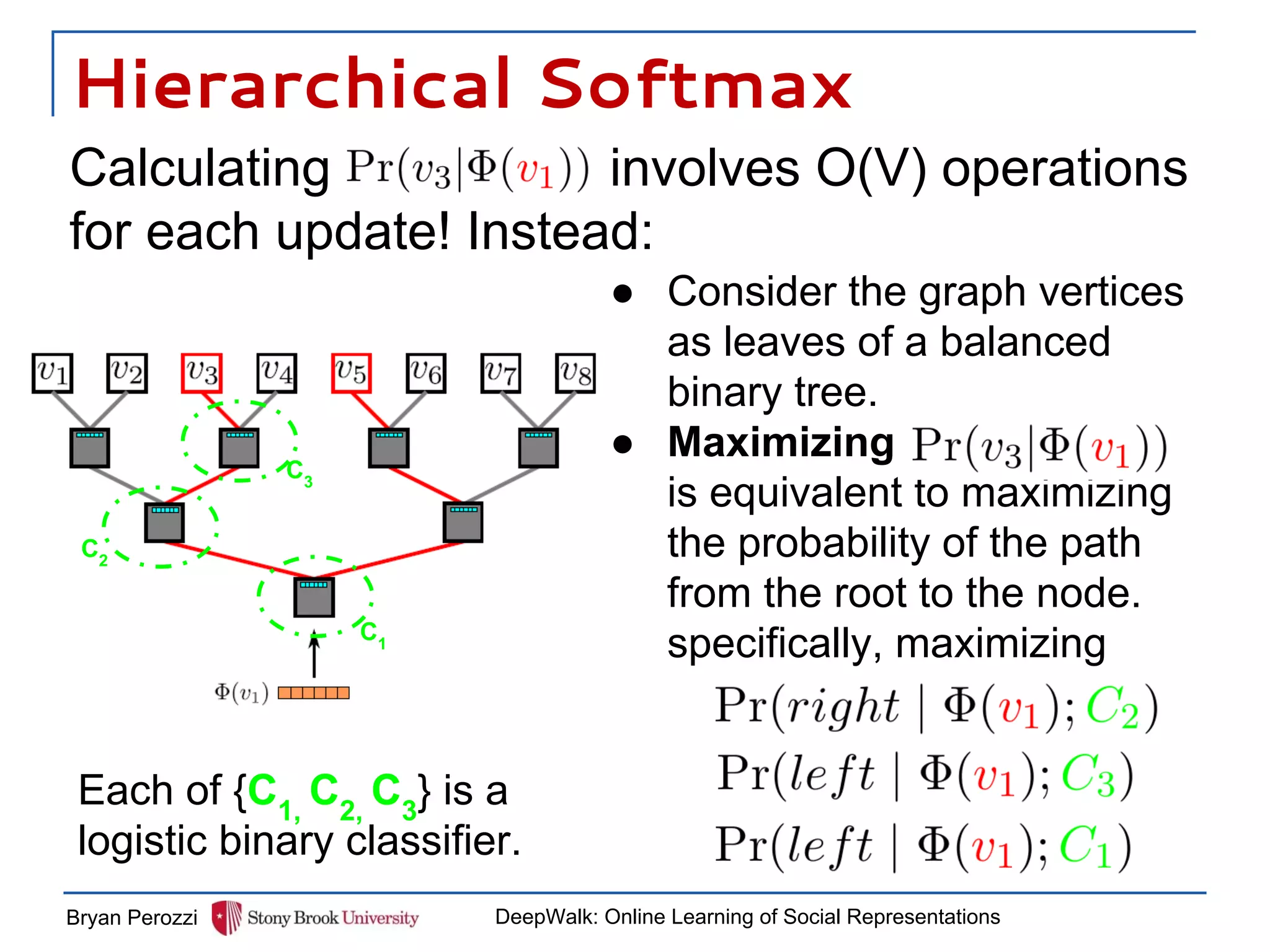 Hierarchical Softmax
Calculating involves O(V) operations
for each update! Instead:
Bryan Perozzi DeepWalk: Online Learning of Social Representations
● Consider the graph vertices
as leaves of a balanced
binary tree.
● Maximizing
is equivalent to maximizing
the probability of the path
from the root to the node.
specifically, maximizingC1
C2
C3
Each of {C1,
C2,
C3
} is a
logistic binary classifier.
 