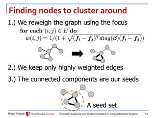 Finding nodes to cluster around 
Bryan Perozzi 
Focused Clustering and Outlier Detection in Large Attributed Graphs 
14 
1.) We reweigh the graph using the focus 
2.) We keep only highly weighted edges 
3.) The connected components are our seeds 
A seed set  