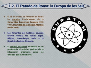    El 25 de marzo se firmaron en Roma
    los tratados fundacionales de la
    Comunidad Económica Europea (CEE)
    y la Comunidad de la Energía Atómica
    (EURATOM).

   Los firmantes del histórico acuerdo
    fueron Francia, los Países Bajos,
    Bélgica, Luxemburgo, Italia y la
    República Federal Alemana.

   El Tratado de Roma establecía en su
    preámbulo el objetivo político de la
    integración progresiva entre los
    diversos países miembros.
 