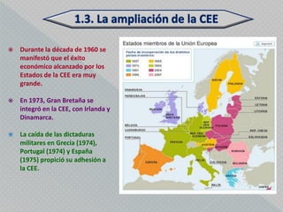    Durante la década de 1960 se
    manifestó que el éxito
    económico alcanzado por los
    Estados de la CEE era muy
    grande.

   En 1973, Gran Bretaña se
    integró en la CEE, con Irlanda y
    Dinamarca.

   La caída de las dictaduras
    militares en Grecia (1974),
    Portugal (1974) y España
    (1975) propició su adhesión a
    la CEE.
 