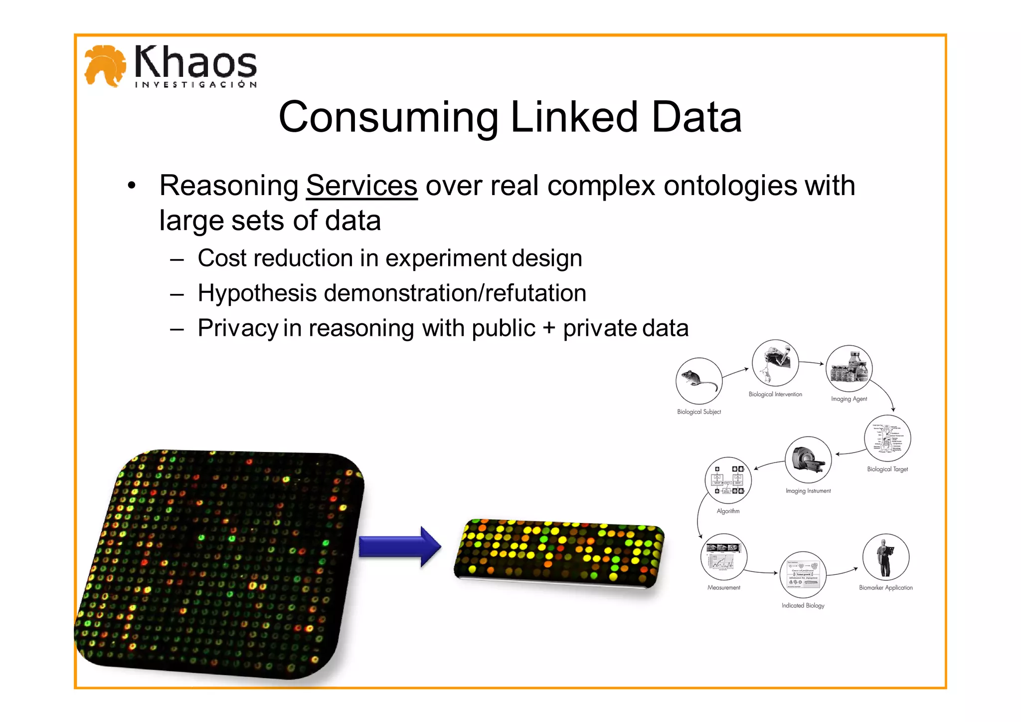 Consuming Linked Data
• Reasoning Services over real complex ontologies with
  large sets of data
   – Cost reduction in experiment design
   – Hypothesis demonstration/refutation
   – Privacy in reasoning with public + private data
 