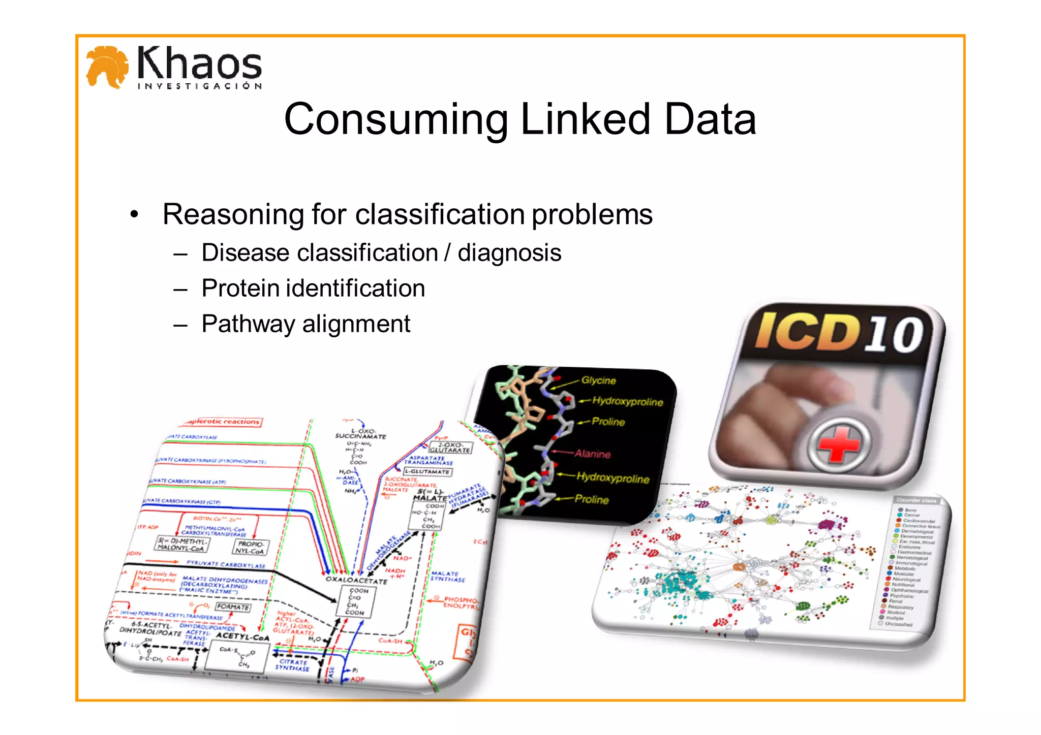 Consuming Linked Data

• Reasoning for classification problems
   – Disease classification / diagnosis
   – Protein identification
   – Pathway alignment
 