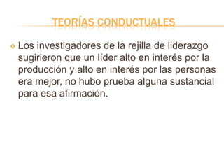 TEORÍAS CONDUCTUALES
 Los investigadores de la rejilla de liderazgo
sugirieron que un líder alto en interés por la
producción y alto en interés por las personas
era mejor, no hubo prueba alguna sustancial
para esa afirmación.
 