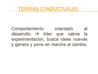 TEORÍAS CONDUCTUALES
Comportamiento orientado al
desarrollo  líder que valora la
experimentación, busca ideas nuevas
y genera y pone en marcha el cambio.
 