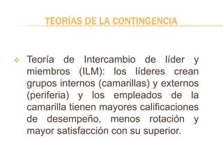 TEORÍAS DE LA CONTINGENCIA
 Teoría de Intercambio de líder y
miembros (ILM): los líderes crean
grupos internos (camarillas) y externos
(periferia) y los empleados de la
camarilla tienen mayores calificaciones
de desempeño, menos rotación y
mayor satisfacción con su superior.
 