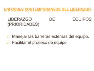 ENFOQUES CONTEMPORANEOS DEL LIDERAZGO
LIDERAZGO DE EQUIPOS
(PRIORIDADES)
1) Manejar las barreras externas del equipo.
2) Facilitar el proceso de equipo
 
