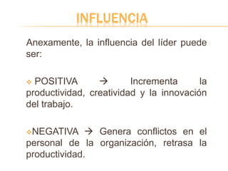 INFLUENCIA
Anexamente, la influencia del líder puede
ser:
 POSITIVA  Incrementa la
productividad, creatividad y la innovación
del trabajo.
NEGATIVA  Genera conflictos en el
personal de la organización, retrasa la
productividad.
 