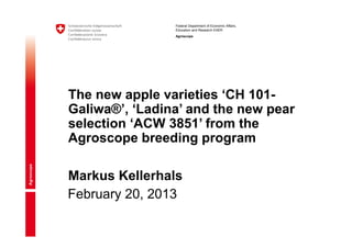 Federal Department of Economic Affairs,
Education and Research EAER
Agroscope
February 20, 2013
The new apple varieties ‘CH 101-
Galiwa®’, ‘Ladina’ and the new pear
selection ‘ACW 3851’ from the
Agroscope breeding program
Markus Kellerhals
 