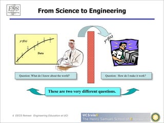 From Science to Engineering


                                                                 )
                                                              f(x
     y=f(x)                                                 y=

                    Data




     Question: What do I know about the world?              Question: How do I make it work?




                            These are two very different questions.




6 EECS Retreat: Engineering Education at UCI
 