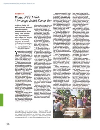 LAPORAN PERKEMBANGAN PENCAPAIAN MDGs INDONESIA 2007




                  Sebuah guntingan koran Kompas, Selasa 4 September 2007 yang
                  memberitakan masalah kelangkaan air bersih di Kabupaten Belu, Provinsi
                  Nusa Tenggara Timur. Tampak sumur gali di salah satu desa di Kabupaten
                  Belu Provinsi Nusa Tenggara Timur yang dibangun Perkumpulan Masyarakat
                  Penanggulangan Bencana NTT pada 2006 sedang ditinjau peneliti OXFAM.




    96
 