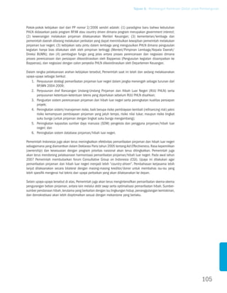 Tujuan 8. Membangun Kemitraan Global untuk Pembangunan




Pokok-pokok kebijakan dari dari PP nomor 2/2006 sendiri adalah: (1) paradigma baru bahwa kebutuhan
PHLN didasarkan pada program RPJM atau country driven dimana program merupakan government interest;
(2) kewenangan melakukan pinjaman dilaksanakan Menteri Keuangan; (3) kementerian/lembaga dan
pemerintah daerah dilarang melakukan perikatan yang dapat menimbulkan kewajiban pemerintah melakukan
pinjaman luar negeri; (3) kebijakan satu pintu dalam lembaga yang mengusulkan PHLN dimana pengusulan
kegiatan hanya bias dilakukan oleh oleh pimpinan tertinggi (Menteri/Pimpinan Lembaga/Kepala Daerah/
Direksi BUMN); dan (4) pembagian fungsi yang jelas antara proses perencanaan dan negosiasi dimana
proses perencanaan dan persiapan dikoordinasikan oleh Bappenas (Pengusulan kegiatan disampaikan ke
Bappenas), dan negosiasi dengan calon penyedia PHLN dikoordinasikan oleh Departemen Keuangan.

Dalam rangka pelaksanaan arahan kebijakan tersebut, Pemerintah saat ini telah dan sedang melaksanakan
upaya-upaya sebagai berikut:
   1.	Penyusunan strategi pemanfaatan pinjaman luar negeri dalam jangka menengah sebagai turunan dari
       RPJMN 2004-2009;
   2.	Penyusunan draf Rancangan Undang-Undang Pinjaman dan Hibah Luar Negeri (RUU PHLN) serta
       penyusunan ketentuan-ketentuan teknis yang diperlukan sebelum RUU PHLN disahkan;
   3.	Penguatan sistem perencanaan pinjaman dan hibah luar negeri serta peningkatan kualitas persiapan
       proyek;
   4.	Peningkatan sistem/manajemen risiko, baik berupa risiko pembiayaan kembali (refinancing risk) yakni
       risiko kemampuan pembiayaan pinjaman yang jatuh tempo, risiko nilai tukar, maupun risiko tingkat
       suku bunga (untuk pinjaman dengan tingkat suku bunga mengambang);
   5.	Peningkatan kapasitas sumber daya manusia (SDM) pengelola dan pengguna pinjaman/hibah luar
       negeri; dan
   6.	Peningkatan sistem database pinjaman/hibah luar negeri.

Pemerintah Indonesia juga akan terus meningkatkan efektivitas pemanfaatan pinjaman dan hibah luar negeri
sebagaimana yang diamantkan dalam Deklarasi Paris tahun 2005 tentang Aid Effectiveness. Rasa kepemilikan
(ownership) dan kesesuaian dengan program prioritas nasional akan terus ditingkatkan. Pemerintah juga
akan terus mendorong pelaksanaan harmonisasi pemanfaatan pinjaman/hibah luar negeri. Pada awal tahun
2007 Pemerintah membubarkan forum Consultative Group on Indonesia (CGI). Upaya ini dilakukan agar
pemanfaatan pinjaman dan hibah luar negeri menjadi lebih “country-driven”. Pembahasan kerjasama lebih
lanjut dilaksanakan secara bilateral dengan masing-masing kreditor/donor untuk membahas isu-isu yang
lebih spesifik mengenai hal teknis dan upaya perbaikan yang akan dilaksanakan ke depan.

Selain upaya-upaya tersebut di atas, Pemerintah juga akan terus mengintensifkan pemanfaatan skema-skema
pengurangan beban pinjaman, antara lain melalui debt swap serta optimalisasi pemanfaatan hibah. Sumber-
sumber pendanaan hibah, terutama yang berkaitan dengan isu lingkungan hidup, penanggulangan kemiskinan,
dan demokratisasi akan lebih dioptimalkan sesuai dengan mekanisme yang berlaku.




                                                                                                                       105
 