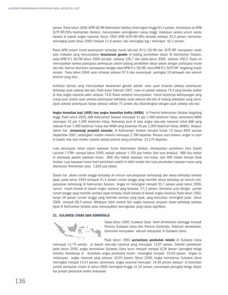LAPORAN PERKEMBANGAN PENCAPAIAN MDGs INDONESIA 2007




                               persen. Pada tahun 2006, APM SD/MI Kalimantan Selatan tmeningkat hingga 93,3 persen. Sementara itu APM
                               SLTP/MT/MTs Kalimantan Selatan, menunjukkan peningkatan cukup tinggi, meskipun secara umum selalu
                               berada di bawah angka nasional. Tahun 1992 APM SLTP/MT/MTs tercatat sebesar 33,3 persen, kemudian
                               meningkat pada tahun 2000 menjadi 51,8 persen, lalu meningkat lagi i mencapai 62,1 persen.

                               Rasio APM antara murid perempuan terhadap murid laki-laki (P/L) SD/MI dan SLTP/MT merupakan salah
                               satu indikator yang menunjukkan kesetaraan gender di bidang pendidikan dasar. Di Kalimantan Selatan,
                               rasio APM P/L SD/MI tahun 2000 tercatat sebesar 100,7 dan pada tahun 2006 sebesar 100,2. Rasio ini
                               menunjukkan bahwa partisipasi perempuan dalam bidang pendidikan dasar setara dengan partisipasi murid
                               laki-laki. Namun demikian, berlawanan dengan rasio APM P/L SD/MI, rasio APM P/L SLTP/MT tergolong masih
                               rendah. Pada tahun 2006 rasio inihanya sebesar 97,6 dan menempati peringkat 10 terbawah dari seluruh
                               provinsi yang ada-.

                               Indikator lainnya yang menunjukkan kesetaraan gender adalah rasio upah bulanan pekerja perempuan
                               terhadap upah pekerja laki-laki. Pada bulan Februari 2007, rasio ini adalah sebesar 74,9 yang berada sedikit
                               di atas angka nasional yakni sebesar 74,8. Rasio tersebut menunjukkan masih terjadinya ketimpangan yang
                               cukup jauh antara upah pekerja perempuan terhadap upah pekerja laki-laki di bidang pekerjaan yang sama.
                               Upah pekerja perempuan hanya sebesar sekitar 75 persen jika dibandingkan dengan upah pekerja laki-laki.

                               Angka kematian bayi (AKB) dan angka kematian balita (AKBA) di Provinsi Kalimantan Selatan tergolong
                               tinggi. Pada tahun 2005, AKB Kalimantan Selatan mencapai 41 per 1.000 kelahiran hidup, sementara AKBA
                               mencapai 53 per 1.000 kelahiran hidup. Keduanya jauh di atas angka rata-rata nasional untuk AKB yang
                               sebesar 8 per 1.000 kelahiran hidup dan AKBA yang besarnya 40 per 1.000 kelahiran hidup (AKBA). Adapun
                               dalam hal memerangi penyakit menular, di Kalimantan Selatan tercatat hanya 15 kasus AIDS sampai
                               September 2007, sedangkan insiden malaria mencapai 2.780 kejadian. Khusus soal malaria, angka ini jauh
                               di bawah rata-rata insiden malaria setiap provinsi yang jumlahnya 23.275 kejadian.

                               Luas penutupan lahan dalam kawasan hutan Kalimantan Selatan, berdasarkan penafsiran citra Satelit
                               Landsat 7 ETM+ sampai tahun 2005, adalah sebesar 1,793 juta hektar. Dari luas tersebut, 986 ribu hektar
                               di antaranya adalah kawasan hutan, 806 ribu hektar kawasan non-hutan, dan 890 hektar lainnya tidak
                               terdata. Luas kawasan hutan hasil pencitraan satelit ini lebih rendah dari luas peruntukan kawasan hutan yang
                               ditentukan Pemerintah yaitu 1,839 juta hektar.

                               Dalam hal akses rumah tangga terhadap air minum non-perpipaan terlindungi dan akses terhadap sanitasi
                               layak, pada tahun 1994 terdapat 41,5 persen rumah tangga yang memiliki akses terhadap air minum non-
                               perpipaan terlindungi di Kalimantan Selatan. Angka ini meningkat menjadi 55,7 persen pada tahun 2006,
                               namun masih berada di bawah angka nasional yang besanya 57,2 persen. Demikian pula dengan jumlah
                               rumah tangga yang memiliki sanitasi layak ternyata masih berada di bawah angka nasional. Pada tahun 1992,
                               hanya 28 persen rumah tangga yang memiliki sanitasi yang layak, yang kemudian meningkat pada tahun
                               2006 menjadi 66,4 persen. Meskipun lebih rendah dari angka nasional, proporsi akses terhadap sanitasi
                               layak di Kalimantan Selatan jelas menunjukkan peningkatan yang cukup signifikan.

                               21. Sulawesi Utara dan Gorontalo
                                                                    Sejak tahun 2000, Sulawesi Utara telah dimekarkan sehingga menjadi
                                                                    Provinsi Sulawesi Utara dan Provinsi Gorontalo. Sebelum dimekarkan,
                                                                    Gorontalo merupakan sebuah kabupaten di Sulawesi Utara.

                                                                  Pada tahun 1993 persentase penduduk miskin di Sulawesi Utara
                               mencapai 11,79 persen, di bawah rata-rata nasional yang mencapai 13,67 persen. Setelah pemekaran
                               pada tahun 2000, angka kemiskinan Sulawesi Utara turun menjadi menjadi 8,28 persen (peringkat ketiga
                               terbaik). Sebaliknya di Gorontalo angka penduduk miskin meningkat menjadi 24,04 persen . Angka ini
                               melampaui angka nasional yang sebesar 18,95 persen. Tahun 2006, angka kemiskinan Sulawesi Utara
                               meningkat menjadi 14,51 persen, sementara angka nasional mencapai 16,58 persen. Adapun di Gorontalo
                               jumlah penduduk miskin di tahun 2006 meningkat hingga 31,54 persen, menempati peringkat ketiga dalam
                               hal jumlah penduduk miskin terbanyak.

    136
 