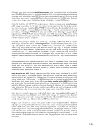 Di Sulawesi Utara, upaya menurunkan angka kekurangan gizi balita menunjukkan kinerja yang baik antara
tahun 1989-2000. Setelah provinsi ini dimekarkan, data tahun 2006 menunjukkan bahwa proporsi balita yang
kekurangan gizi di Sulawesi Utara adalah 23,11 persen, menempati peringkat lima terbaik. Sementara angka
nasional pada tahun tersebut mencapai 28,05 persen. Sementara itu pada tahun 2006 tersebut Gorontalo
menjadi provinsi dengan proporsi balita kekurangan gizi tertinggi, yakni mencapai 41,48 persen.

Untuk APM SD/MI dan APM SLTP/MT/MTs, yang merupakan indikator pencapaian target pendidikan dasar
untuk semua, sulawesi Utara dan Gorontalo menunjukkan kecenderungan meningkat dibandingkan dengan
tahun-tahun sebelumnya. Pada tahun 2006, APM SD/MI Sulawesi Utara dan Gorontalo tidak berbeda jauh,
yaitu masing-masing 90,4 persen dan 90,5 persen. Kedua angka ini masih di bawah angka nasional, yang
berarti bahwa perkembangan APM SD/MI di kedua provinsi lebih lamban dibandingkan laju peningkatan
tingkat nasional. APM SLTP/MT/MTs Sulawesi Utara pada tahun 2006 adalah sebesar 66,0 persen, sedikit
di bawah rata-rata nasional yang besarnya 66,5 persen. sementaara APM SLTP/MT/MTs Gorontalo berada di
peringkat ketiga terendah yaitu 52,3 persen.

Rasio APM murid perempuan terhadap murid laki-laki (P/L) pada tingkat SD/MI dan SLTP/MT di Sulawesi
Utara, sebagai indikator untuk menilai kesetaraan gender, terus menurun selama kurun waktu 1992- 2006.
Angka APM P/L SD/MI tercatat u sebesar 105,6 pada tahun1992, turun menjadi 100,8 pada tahun 2000,
dan turun lagi menjadi 99,5 pada tahun 2006. Meskipun demikian angka-angka ini tetap lebih lebih baik
dari angka nasional. Adapun APM P/L SD/MI Gorontalo pada tahun 2006 tercatat lebih tinggi dibandingkan
Sulawesi Utara, yaitu 101,4. KHal sama terjadi pada APM P/L SLTP/MT Sulawesi Utara yang menunjukkan
kecenderungan menurun tetapi masih lebih baik dibandingkan i angka nasional. APM P/L SLTP/MT Sulawesi
Utara tahun 2006 tercatat hanya 109,5, sementara sebelumnya pada tahun 1992 angka ini sempat mencapai
123,8.

Partisipasi perempuan dalam pekerjaan upahan untuk kedua provinsi ini sangat baik. Bahkan upah pekerja
perempuan untuk pekerjaan yang sama bisa dikatakanlebih tinggi jika dibandingkan dengan upah pekerja
laki-laki. Pada bulan Februari 2007, rasio upah pekerja perempuan terhadap pekerja laki-laki di Sulawesi
Utara mencapai 110,2 sementara di Gorontalo mencapai 115,6. Kedua provinsi ini merupakan dua provinsi
berperingkat tertinggi jika dilihat dari indikator ini.

Angka kematian bayi (AKB) Sulawesi Utara pada tahun 2005 sangat rendah yaitu hanya 19 per 1.000
kelahiran hidup. Angka ini menempatkan Sulawesi Utara pada ranking terbaik AKB provinsi, sejajar dengan
tiga provinsi lainnya yaitu Kepulauan Riau, DKI Jakarta, dan DI Yogyakarta. Sebaliknya dengan Gorontalo, . AKB
provinsi ini pada tahun 2005 mencapai 17 per 1.000 kelahiran hidup dan berada di peringkat kedua setelah
Nusa Tenggara Barat sebagai provinsi dengan AKB tertinggi.. Angka kematian balita (AKBA) Sulawesi Utara
juga sangat rendah jika dibandingkan dengan provinsi lainnya yaitu sebesar 22 per 1.000 kelahiran hidup
pada tahun 2005, sama dengan yang dicapai Kepulauan Riau dan DI Yogyakarta dan menempatiperingkat
kedua terbaik setelah DKI Jakarta. Sementara untuk Gorontalo, AKBA-nya juga masih terhitung tinggi yakni 67
per 1.000 kelahiran hidup dan menempati posisi kedua sebagai provinsi dengan i AKBA tertinggi.

Kedua provinsi menunjukkan pencapaian yang berbeda dalam target memerangi penyakit menular. Di
Sulawesi Utara, jumlah kasus AIDS pada tahun 2007 tercatat sebanyak 124 orang, sementara Gorontalo
hanya 3 orang. Adapun jumlah insiden malaria di Sulawesi Utara dan di Gorontalo tidak berbeda jauh, masing-
masing sebanyak 2.613 kasus di Sulawesi Utara dan 817 kasus di Gorontalo.

Mengacu pada indikator luas kawasan hutan, dalam rangka mencapai target memastikan kelestarian
lingkungan, luas penutupan lahan dalam kawasan hutan di kedua provinsi berdasarkan penafsiran citra Satelit
Landsat 7 ETM+ sampai tahun 2005 tercatat sebesar 1,570 juta hektar. Luas ini tidak jauh berbeda jauh
dengan luas peruntukan kawasan hutan yang ditetapkan Pemerintah yaitu 1,526 juta hektar. Luas kawasan
hutan di Sulawesi Utara adalah sekitar 731 ribu hektar sementara Gorontalo 840 ribu hektar (termasuk
kawasan hutan yang digolongkan non-hutan dan kawasan yang tidak lengkap datanya). Dari total 1,570 juta
hektar tersebut, 310 ribu hektar merupakan kawasan hutan yang tergolong non-hutan dan 113 ribu hektar
tidak terdata.



                                                                                                                 137
 