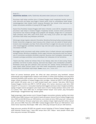 Kotak 9.1
   KREATIVITAS DAERAH: Kapal Terapung Melayani Anak Sekolah di Daerah Pesisir

   Penuntasan wajib belajar sembilan tahun di Sulawesi Tenggara masih menghadapi kendala, terutama
   untuk anak-anak usia belajar yang tinggal di daerah pesisir. Untuk itu, pembelajaran kreatif dengan
   menyelenggarakan kelas berjalan perahu terapung diharapkan bisa menarik minat anak-anak usia
   belajar menuntaskan pendidikan di jenjang SD/MI hingga SLTP/MT.

   Kepala Dinas Pendidikan Sulawesi Tenggara Zalili Sailan di Kendari, Jumat (28/9), mengatakan bahwa
   penuntasan wajib belajar di Sulawesi Tenggara menghadapi kendala, terutarna karena penduduknya
   yang terpencar atau terpencil sehingga secara geografis sulit dijangkau. Hingga tahun ini, pencapaian
   angka partisipasi kasar (APK) masih 84,65 persen atau kurang 10,35 persen dari target minimal
   penuntasan wajib belajar yang ditetapkan pemerintah.

   Sehubungan dengan kegiatan silaturahmi Ramadhan, Mendiknas Bambang Sudibyo yang berkunjung ke
   Kendari meresmikan penggunaan kapal terapung untuk melayani anak usia sekolah di daerah pesisir,
   terutama untuk menjangkau suku Bajo. Perahu kelas etnik Bajo itu singgah dari satu pulau ke pulau lain
   untuk menyelenggarakan pendidikan kesetaraan bagi anak-anak pesisir yang putus sekolah sebelum
   menuntaskan SLTP/MT.

   Menangggpi kondisi penuntasan wajib belajar sembilan tahun di wilayah Indonesia yang menghadapi
   berbagai kendala, Mendiknas mengatakan, kondisi negara Indonesia yang berpulau-pulau dan berjenis
   suku ini memerlukan pendekatan pendidikan yang khas. Tujuannya untuk menjangkau masyarakat agar
   menyadari pentingnya pendidikan untuk pemberdayaan dan melepaskan diri dari kemiskinan.

   “Seperti suku Bajo, mereka kan terbiasa hidup di laut. Katanya, kalau lama di darat pusing. Dengan
   pendidikan non-formal di perahu terapung, anak-anak bisa dilayani untuk mendapatkan pendidikan.
   Pendekatan serupa juga perlu dilakukan untuk suku-suku lain,” katanya. Kiranya pembelajaran yang
   dapat dipetik adalah perlunya Daerah untuk lebih kreatif menyelesaikan persoalan khas di daerah
   mereka dalam menuntaskan wajib belajar. (Sumber: Kompas, Senin, 1 Oktober 2007)



Dalam hal promosi kesetaraan gender, bila dilihat dari akses perempuan yang bersekolah, terdapat
perkembangan yang menggembirakan meskipun masih terbatas. Ini akibat masih banyaknya anak yang belum
menikmati pendidikan dasar sembilan tahun, termasuk kaum perempuan. Meskipun target kesetaraan gender
dengan indikator pendidikan di Sulawesi Tenggara telah meningkat --terbukti dari APM P/L SLTP/MT-nya yang
telah melebihi 100 persen—rasio ini ini masih beradadi bawah rasio t nasional Pada tahun 1992 Provinsi
Sulawesi Tenggara memiliki rasio APM P/L SLTP/MT sebesar 101,2 persen, lalumenurun pada tahun 2002
menjadi 97,3. P enurunan ini menunjukkan terjadinya ketertinggalan perempuan dalam mengikuti pendidikan,
apalagi di tingkat nasional peningkatan justru terjadi selama 10 tahun tersebut sekalipun dalam jumlah kecil
(1,3 persen). Pada tahun 2006 rasio ini meningkat kembali menjadi 122,9 persen, yang menunjukkan
perkembangan menggembirakan bagi keadilan gender.

Target pengurangan angka kematian anak di Sulawesi Tenggara menunjukkan perbaikan signifikan baik dalam
hal AKB maupun AKBA, walaupun masih berada di bawah pencapaian nasional.Provinsi Sulawesi Tenggara pada
tahun 2005 memiliki AKB 38 jiwa per 1000 kelahiran, turun drastis dari tahun 2003 yang masih mencapai 67
jiwa per 1.000 kelahiran. Kemajuan yang hampir sama, sekalipun dengan tingkat yang lebih lamban, tampak
pada penurunan AKBA. Pada tahun 2005 AKBA Sulawesi Tenggara adalah 49 jiwa per 1000 kelahiran, turun
drastis hampir separuhnya dibandingkan AKBA tahun 2003 yang mencapai 92 jiwa per 1000 kelahiran.

Target penurunan penderita HIV/AIDS dan penyakit menular berbahaya di Provinsi Sulawesi Tenggara masih
relatif terkendali. Tercatat hanya 7 kasus AIDS sampai tahun 2007. Adapun kasus penyakit malaria pada
tahun yang sama mencapai 346 kejadian.



                                                                                                               141
 