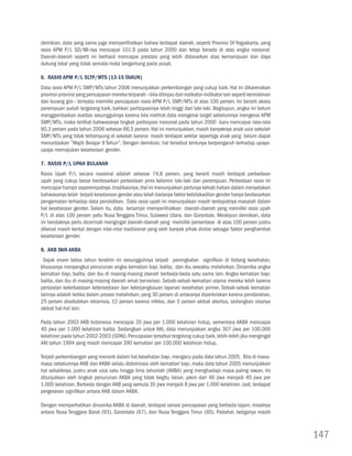 demikian, data yang sama juga memperlihatkan bahwa terdapat daerah, seperti Provinsi DI Yogyakarta, yang
rasio APM P/L SD/MI-nya mencapai 101,9 pada tahun 2000 dan tetap berada di atas angka nasional.
Daerah-daerah seperti ini berhasil mencapai prestasi yang lebih didasarkan atas kemampuan dan daya
dukung lokal yang tidak semata-mata bergantung pada pusat.

6. Rasio APM P/L SLTP/MTs (13-15 tahun)
Data rasio APM P/L SMP/MTs tahun 2006 menunjukkan perkembangan yang cukup baik. Hal ini dikarenakan
provinsi-provinsi yang pencapaian mereka terparah --bila ditinjau dari indikator-indikator lain seperti kemiskinan
dan kurang gizi-- ternyata memiliki pencapaian rasio APM P/L SMP/MTs di atas 100 persen. Ini berarti akses
perempuan sudah tergolong baik, bahkan partisipasinya lebih tinggi dari laki-laki. Begitupun, angka ini belum
menggambarkan realitas sesungguhnya karena bila melihat data mengenai target sebelumnya mengenai APM
SMP/MTs, maka terlihat bahwasanya tingkat partisipasi nasional pada tahun 2000 baru mencapai rata-rata
60,3 persen pada tahun 2006 sebesar 66,5 persen. Hal ini menunjukkan, masih banyaknya anak usia sekolah
SMP/MTs yang tidak tertampung di sekolah karena masih terdapat sekitar sepertiga anak yang belum dapat
menuntaskan ”Wajib Belajar 9 Tahun”. Dengan demikian, hal tersebut tentunya berpengaruh terhadap upaya-
upaya memajukan kesetaraan gender.

7. Rasio P/L Upah Bulanan
Rasio Upah P/L secara nasional adalah sebesar 74,8 persen, yang berarti masih terdapat perbedaan
upah yang cukup besar berdasarkan perbedaan jenis kelamin laki-laki dan perempuan. Perbedaan rasio ini
mencapai hampir seperempatnya. Implikasinya, Hal ini menunjukkan perlunya kehati-hatian dalam menyatakan
bahwasanya telah terjadi kesetaraan gender atau telah tiadanya faktor ketidakadilan gender hanya berdasarkan
pengamatan terhadap data pendidikan. Data rasio upah ini menunjukkan masih terdapatnya masalah dalam
hal kesetaraan gender. Selain itu, data terlampir memperlihatkan daerah-daerah yang memiliki rasio upah
P/L di atas 100 persen yaitu Nusa Tenggara Timur, Sulawesi Utara, dan Gorontalo. Meskipun demikian, data
ini hendaknya perlu dicermati mengingat daerah-daerah yang memiliki persentase di atas 100 persen justru
dikenal masih kental dengan nilai-nilai tradisional yang oleh banyak pihak dinilai sebagai faktor penghambat
kesetaraan gender.

8. AKB dan AKBA
 Sejak enam belas tahun terakhir ini sesungguhnya terjadi peningkatan signifikan di bidang kesehatan,
khususnya menyangkut penurunan angka kematian bayi, balita, dan ibu sewaktu melahirkan. Dinamika angka
kematian bayi, balita, dan ibu di masing-masing daerah berbeda-beda satu sama lain. Angka kematian bayi,
balita, dan ibu di masing-masing daerah amat bervariasi. Sebab-sebab kematian utama mereka lebih karena
persoalan keterbatasan ketersediaan dan keterjangkauan layanan kesehatan primer. Sebab-sebab kematian
lainnya adalah ketika dalam proses melahirkan, yang 30 persen di antaranya diperkirakan karena pendarahan,
25 persen disebabkan eklamsia, 12 persen karena infeksi, dan 5 persen akibat abortus, sedangkan sisanya
akibat hal-hal lain.

Pada tahun 2003 AKB Indonesia mencapai 35 jiwa per 1.000 kelahiran hidup, sementara AKBA mencapai
40 jiwa per 1.000 kelahiran balita. Sedangkan untuk AKI, data menunjukkan angka 307 jiwa per 100.000
kelahiran pada tahun 2002-2003 (SDKI). Pencapaian tersebut tergolong cukup baik, lebih-lebih jika mengingat
AKI tahun 1994 yang masih mencapai 390 kematian per 100.000 kelahiran hidup.

Terjadi perkembangan yang menarik dalam hal kesehatan bayi, mengacu pada data tahun 2005. Bila di masa-
masa sebelumnya AKB dan AKBA selalu didominasi oleh kematian bayi, maka data tahun 2005 menunjukkan
hal sebaliknya, justru anak usia satu hingga lima tahunlah (AKBA) yang menghadapi masa paling rawan. Ini
ditunjukkan oleh tingkat penurunan AKBA yang tidak begitu besar, yakni dari 46 jiwa menjadi 40 jiwa per
1.000 kelahiran. Berbeda dengan AKB yang semula 35 jiwa menjadi 8 jiwa per 1.000 kelahiran. Jadi, terdapat
pergeseran signifikan antara AKB dalam AKBA.

Dengan memperhatikan dinamika AKBA di daerah, terdapat variasi pencapaian yang berbeda tajam, misalnya
antara Nusa Tenggara Barat (93), Gorontalo (67), dan Nusa Tenggara Timur (60). Padahal, ketiganya masih



                                                                                                                     147
 